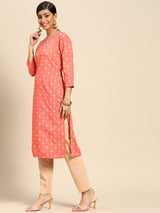 Peach Printed Rayon Kurta