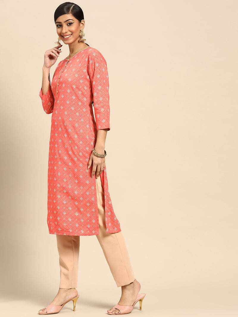 Peach Printed Rayon Kurta
