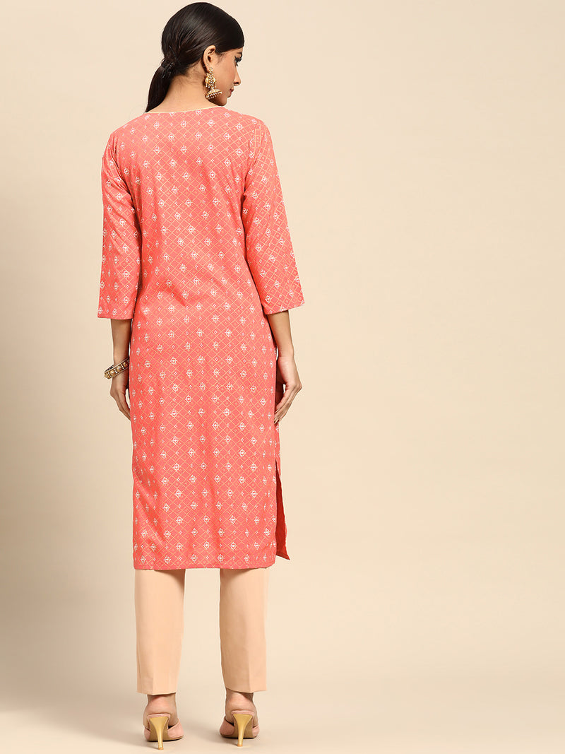 Peach Printed Rayon Kurta
