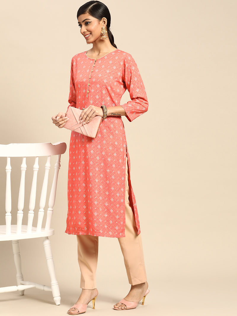 Peach Printed Rayon Kurta