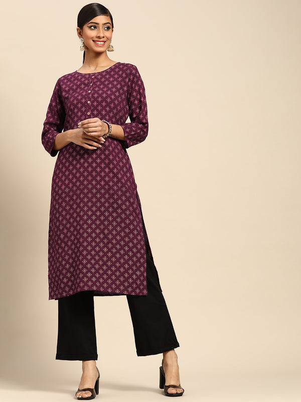 Purple Printed Rayon Kurta