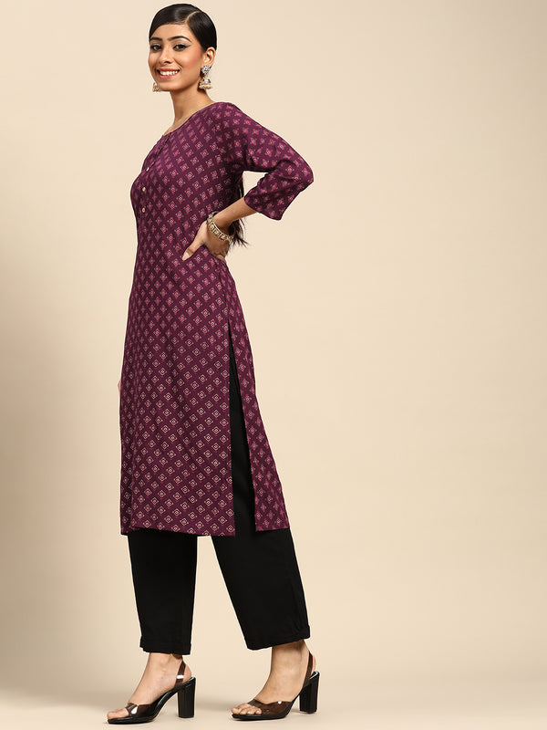 Purple Printed Rayon Kurta
