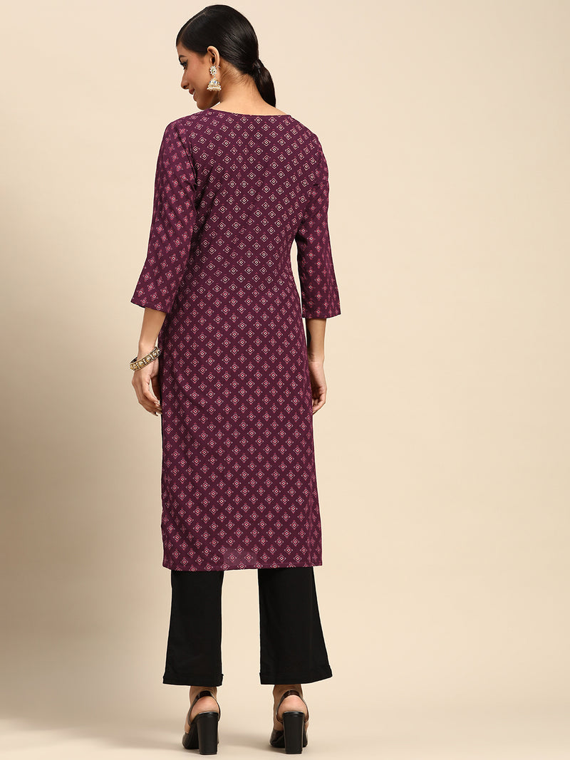 Purple Printed Rayon Kurta