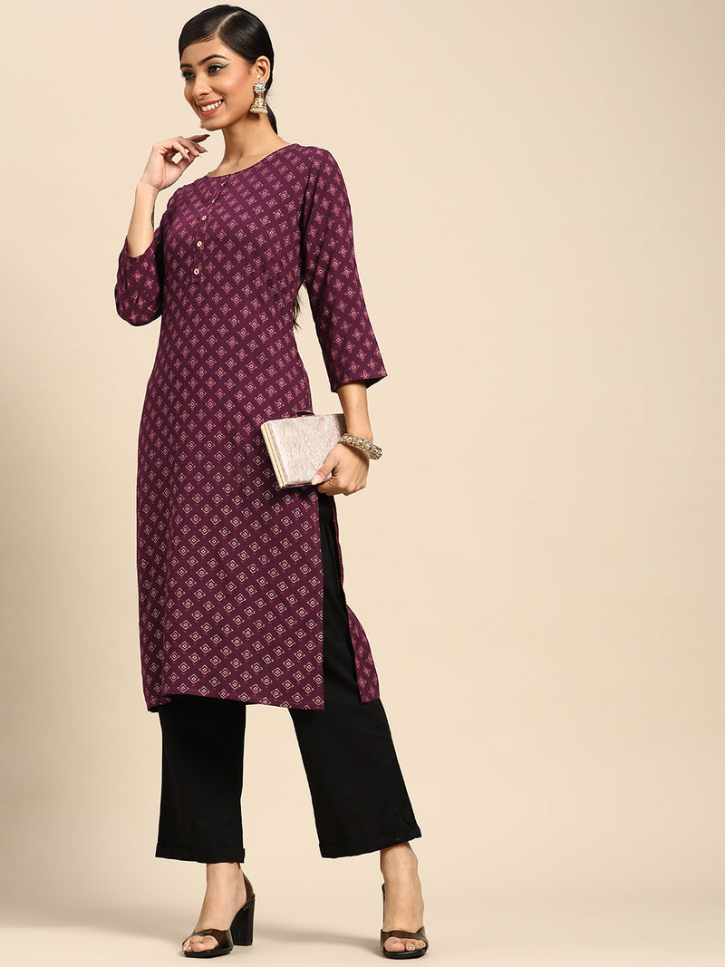 Purple Printed Rayon Kurta