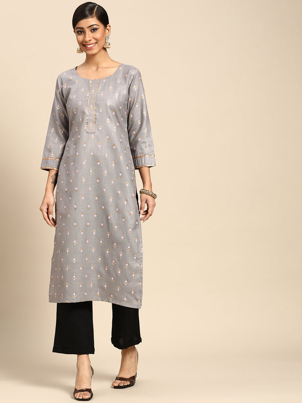 Grey Printed Silk Kurta