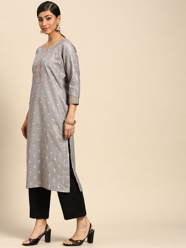 Grey Printed Silk Kurta
