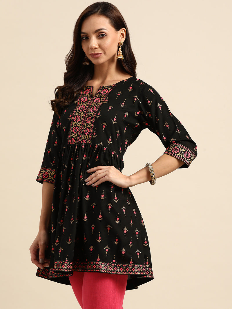 Black Printed Rayon Kurti