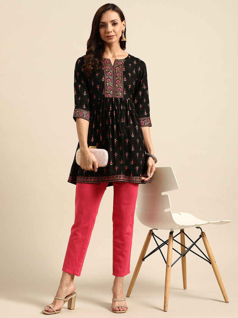 Black Printed Rayon Kurti