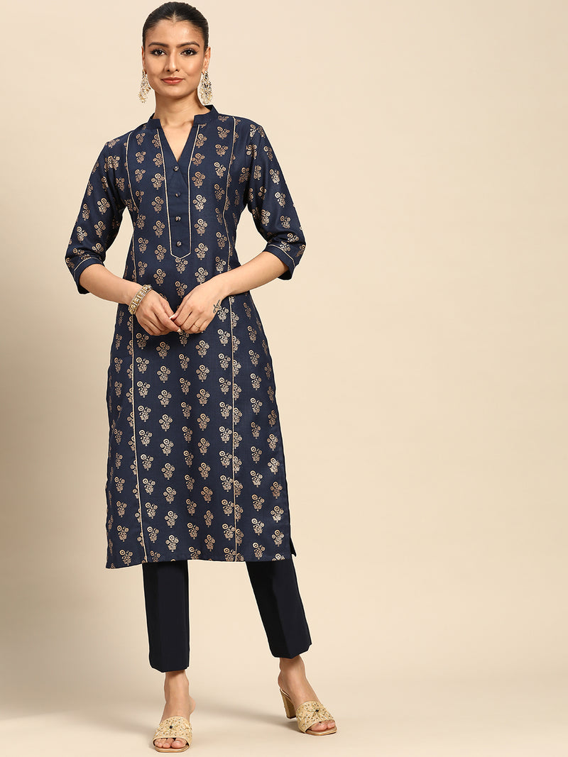 Navy Blue Printed Cotton Kurta