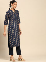 Navy Blue Printed Cotton Kurta