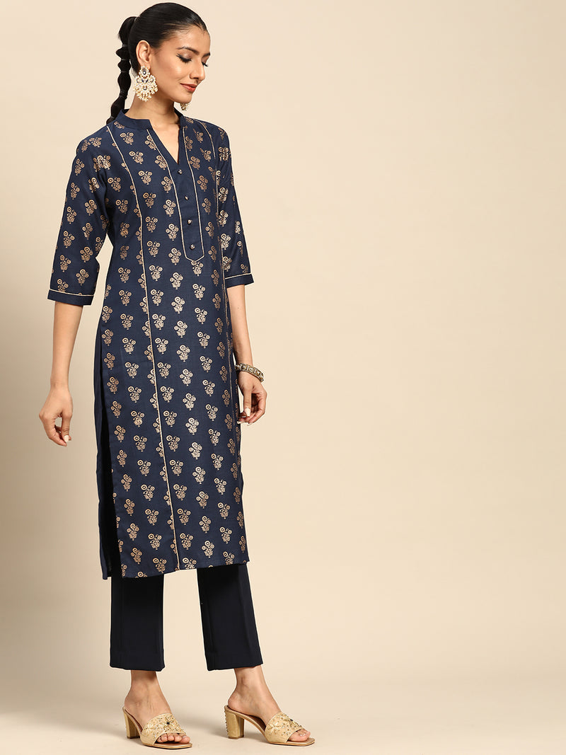 Navy Blue Printed Cotton Kurta