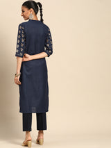 Navy Blue Printed Cotton Kurta