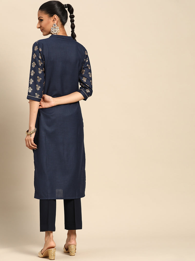 Navy Blue Printed Cotton Kurta