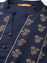 Navy Blue Printed Cotton Kurta
