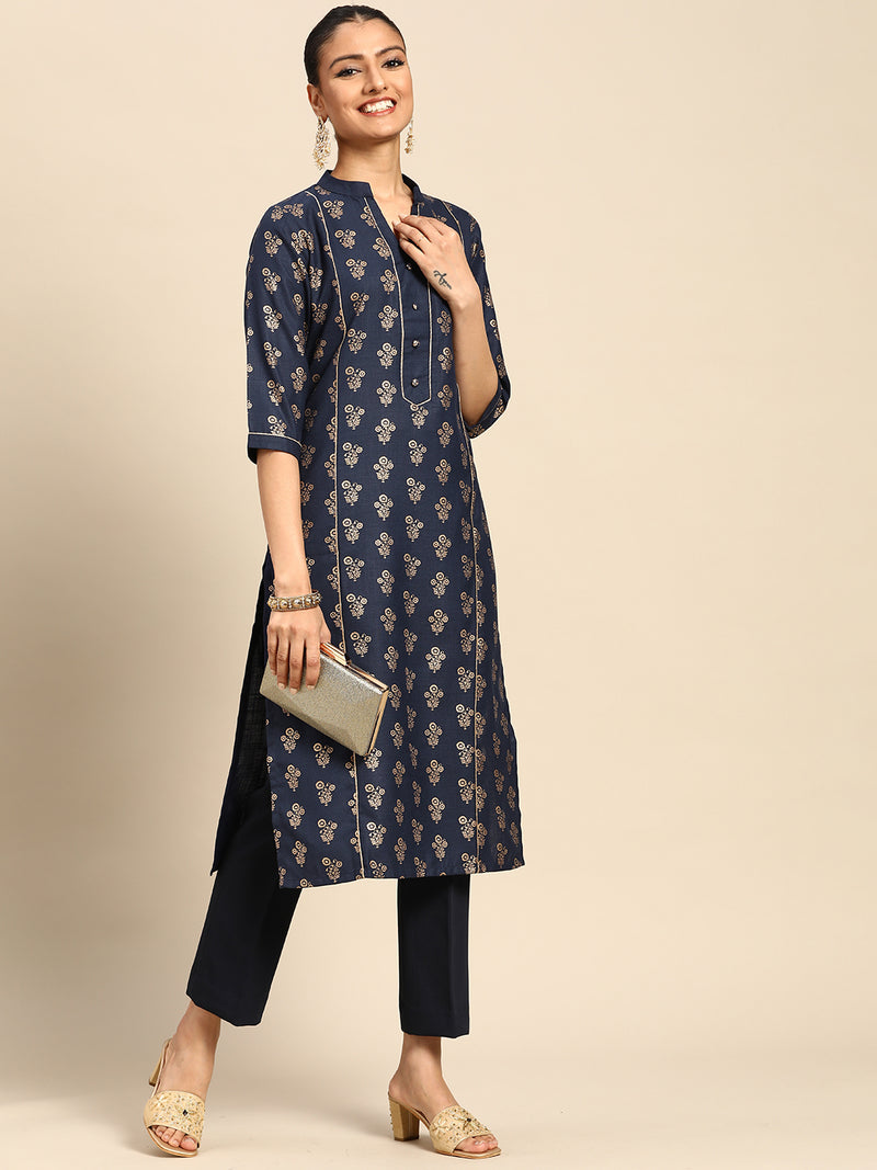 Navy Blue Printed Cotton Kurta