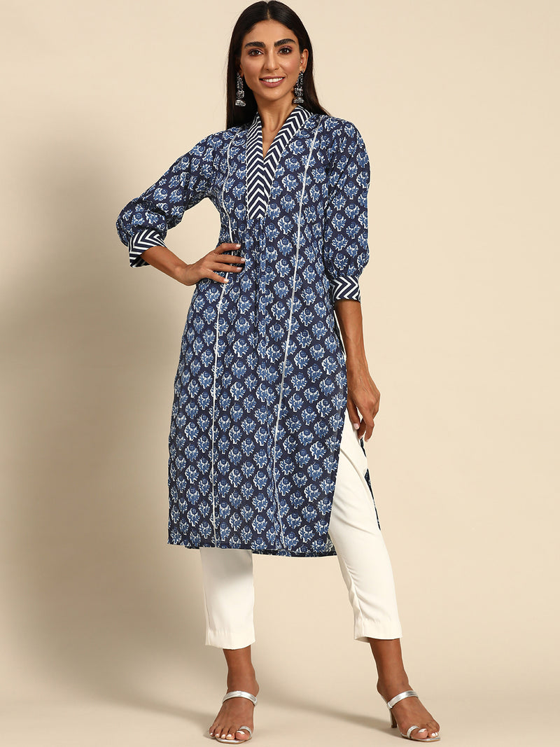 Blue Printed Cotton Kurta