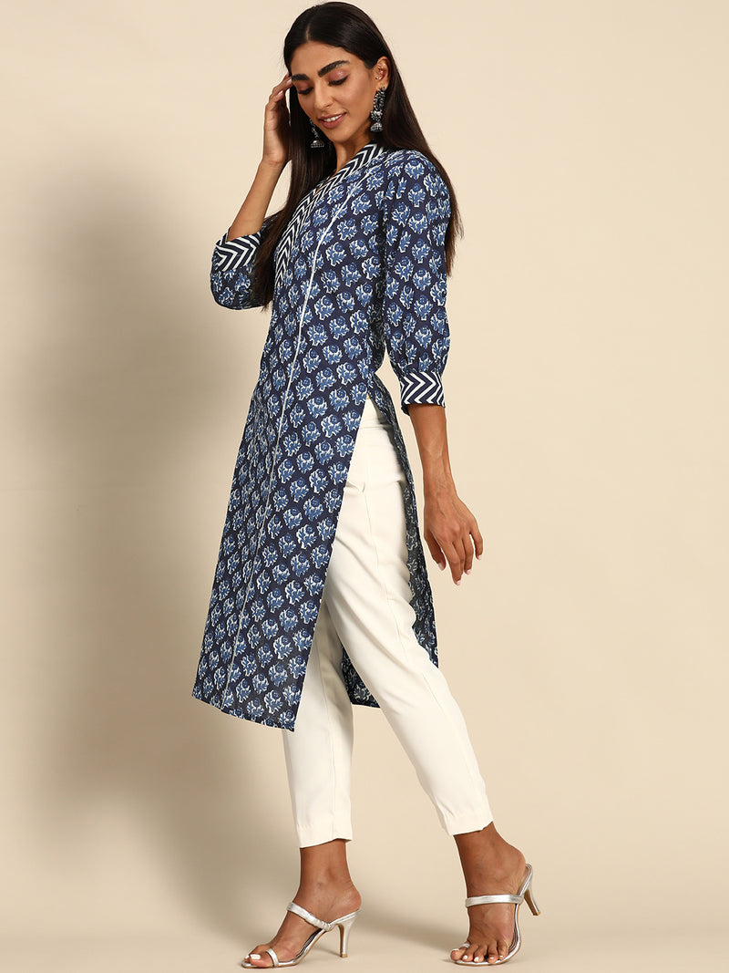 Blue Printed Cotton Kurta