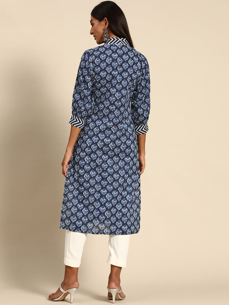 Blue Printed Cotton Kurta