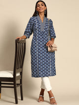 Blue Printed Cotton Kurta