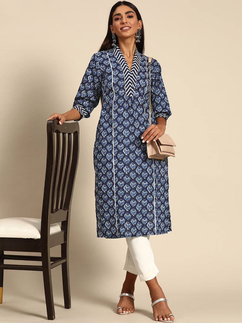 Blue Printed Cotton Kurta