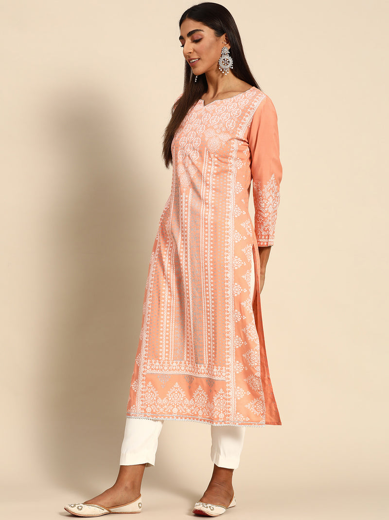Peach Printed Rayon Kurta