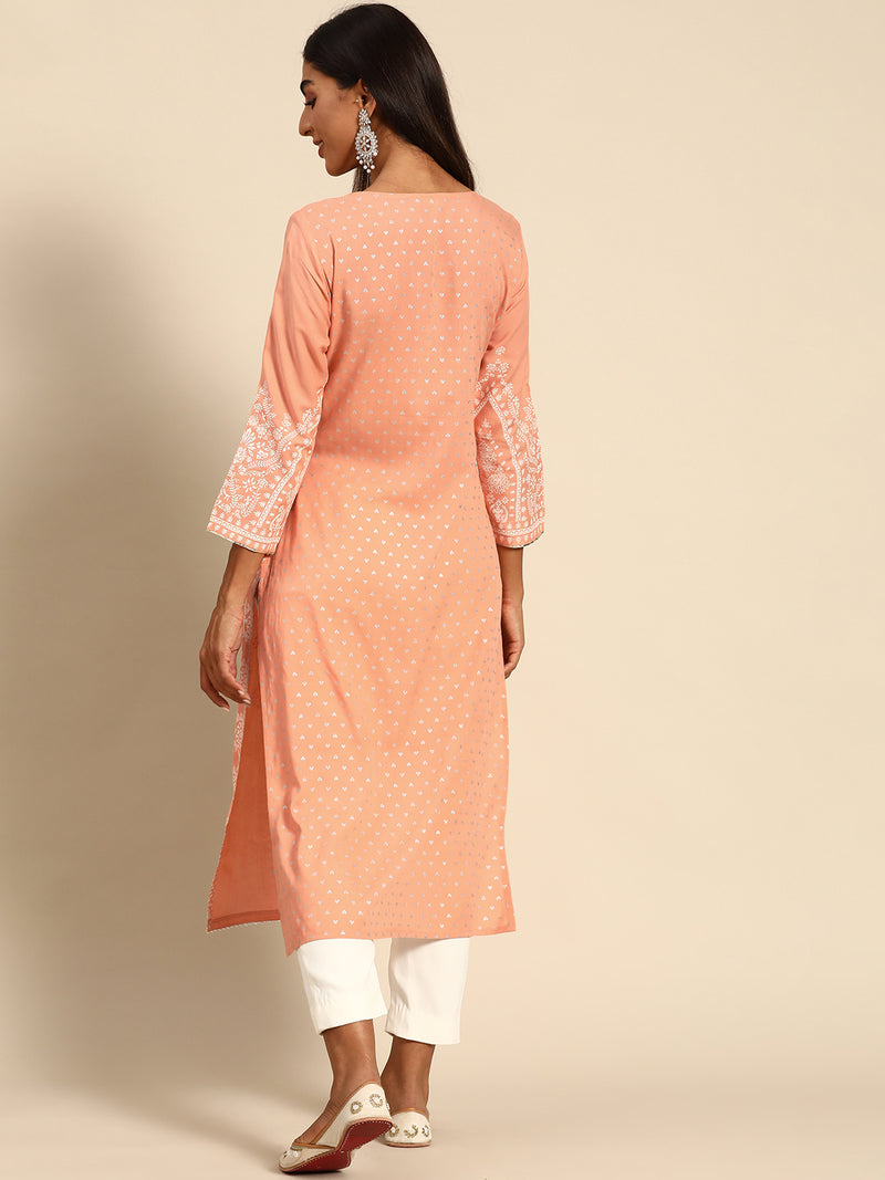 Peach Printed Rayon Kurta