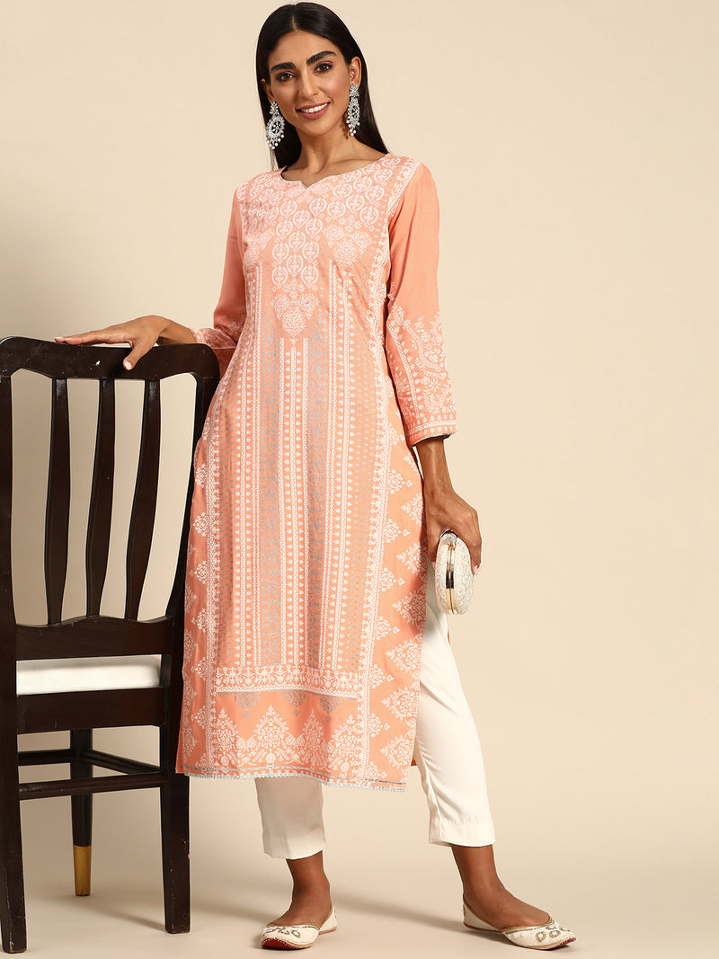 Peach Printed Rayon Kurta