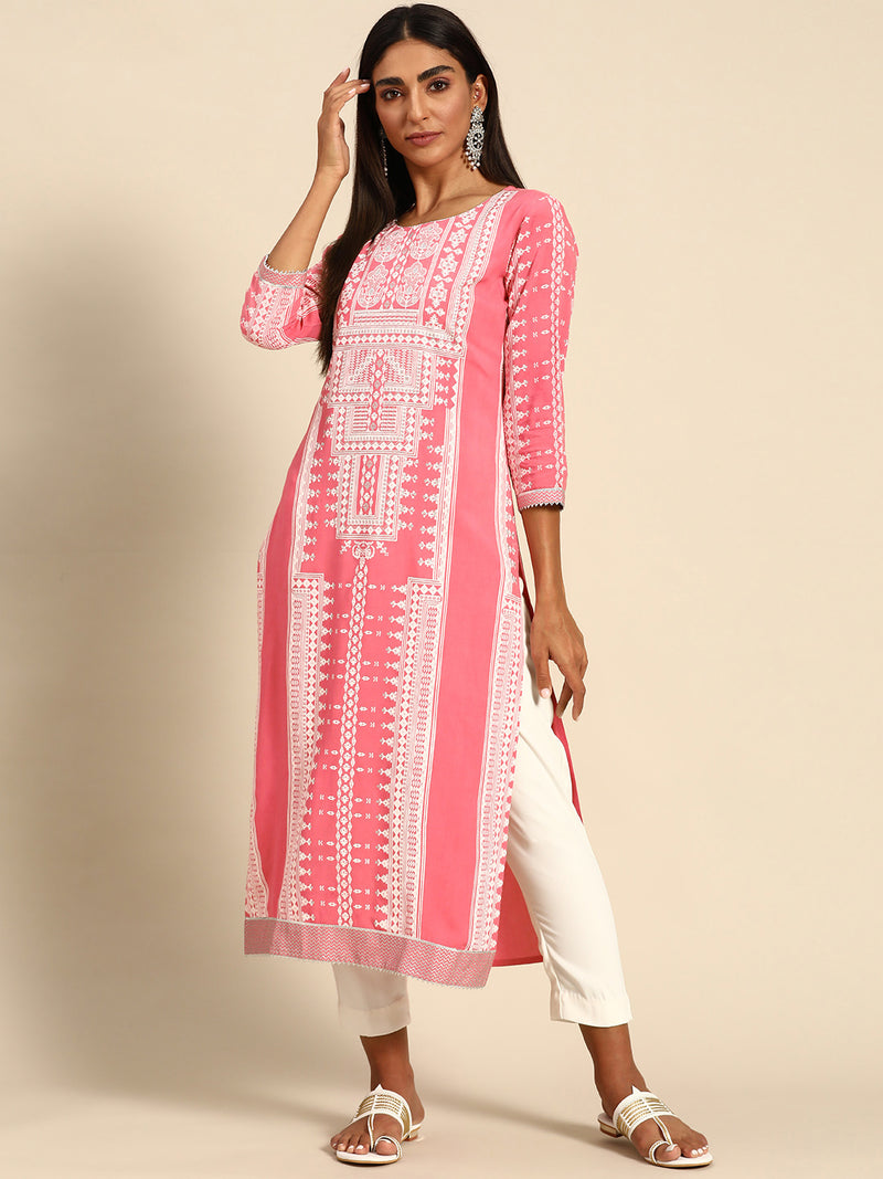 Pink Printed Rayon Kurta