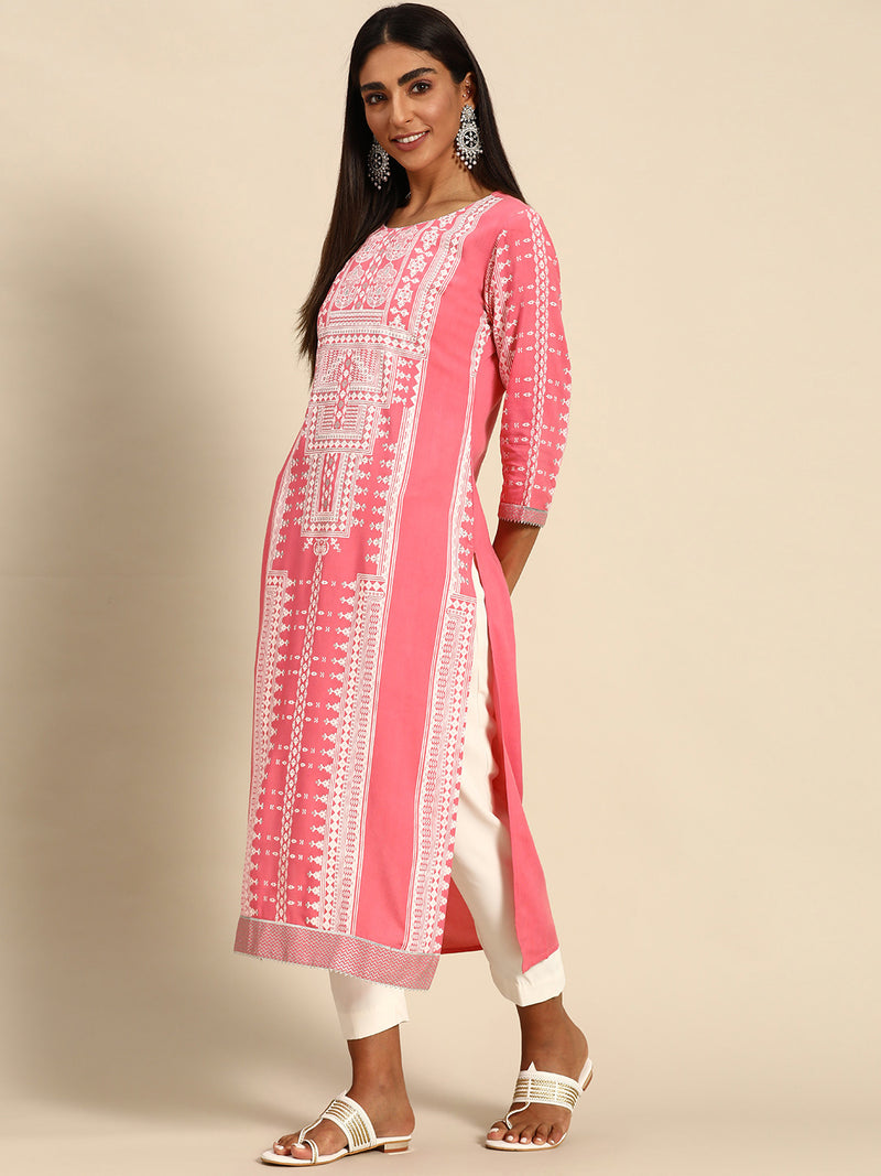Pink Printed Rayon Kurta