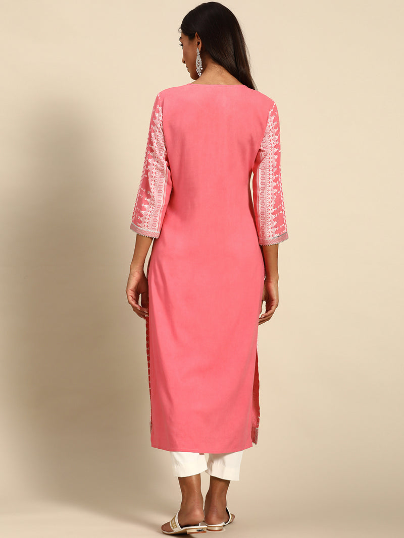 Pink Printed Rayon Kurta