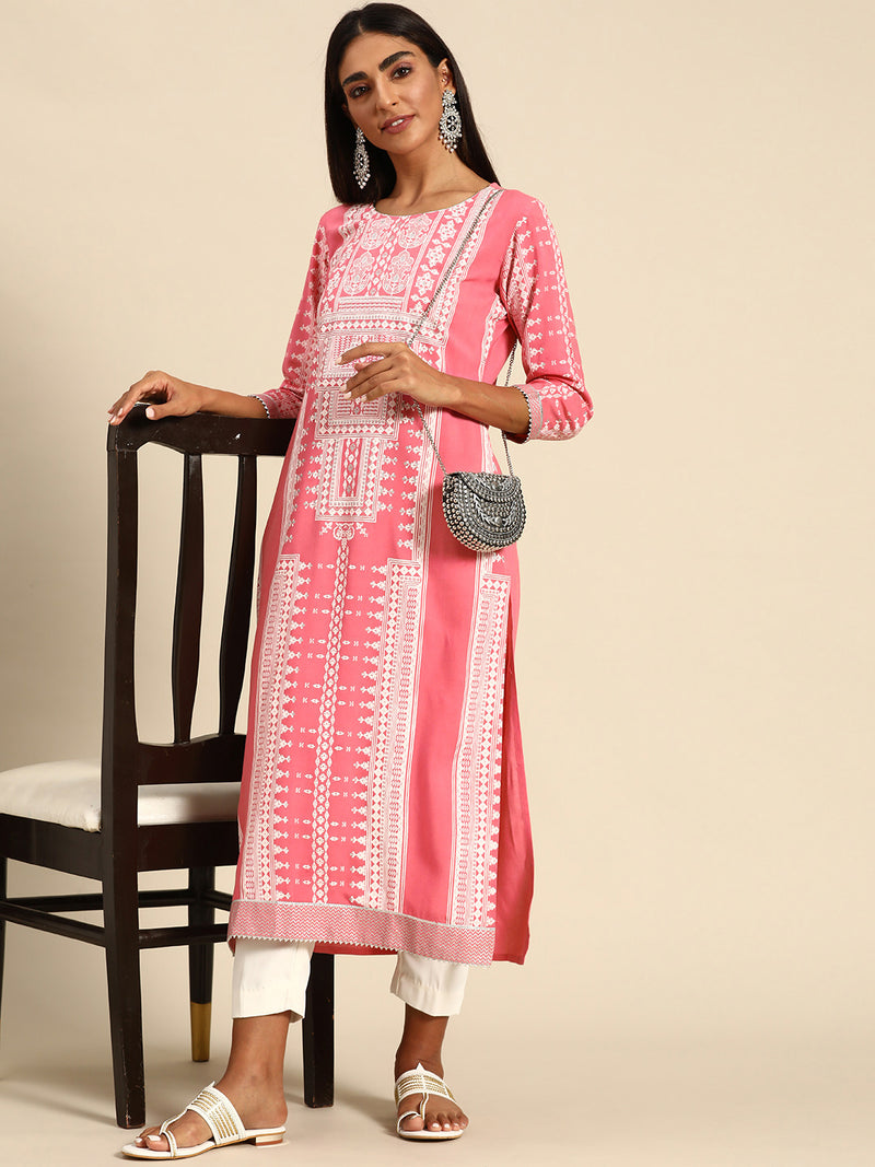 Pink Printed Rayon Kurta