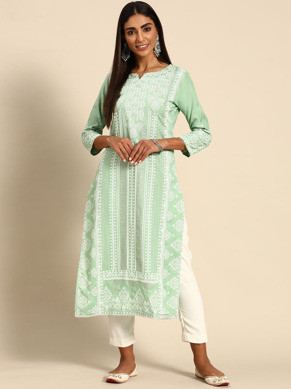 Green Printed Rayon Kurta