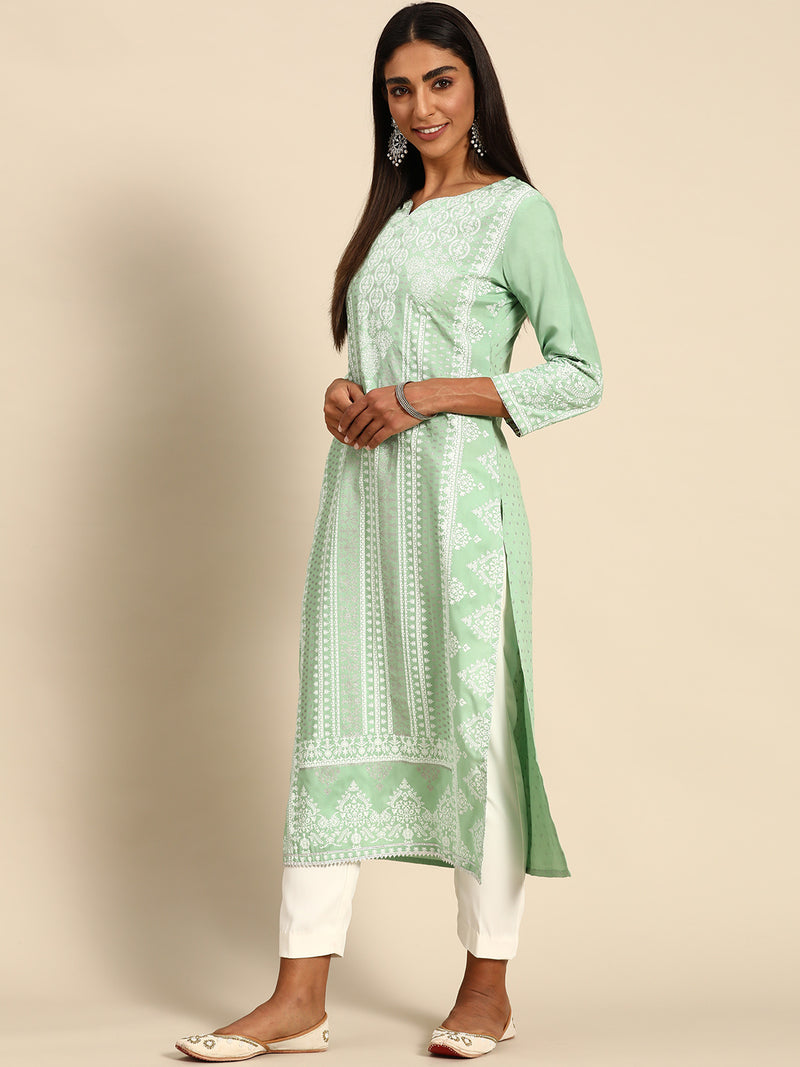 Green Printed Rayon Kurta