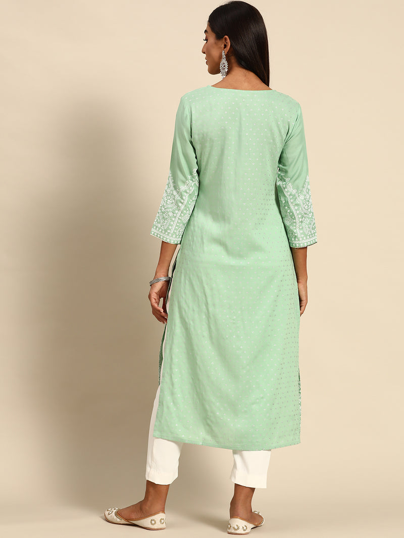 Green Printed Rayon Kurta