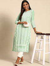 Green Printed Rayon Kurta