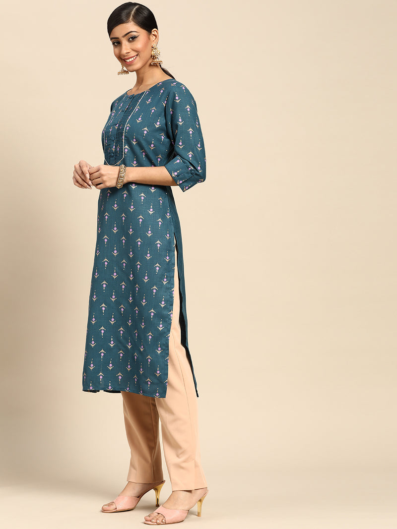 Blue Printed Silk Kurta