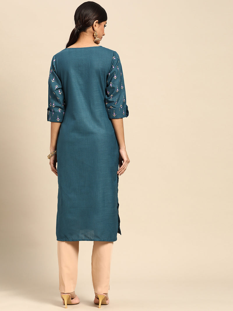 Blue Printed Silk Kurta