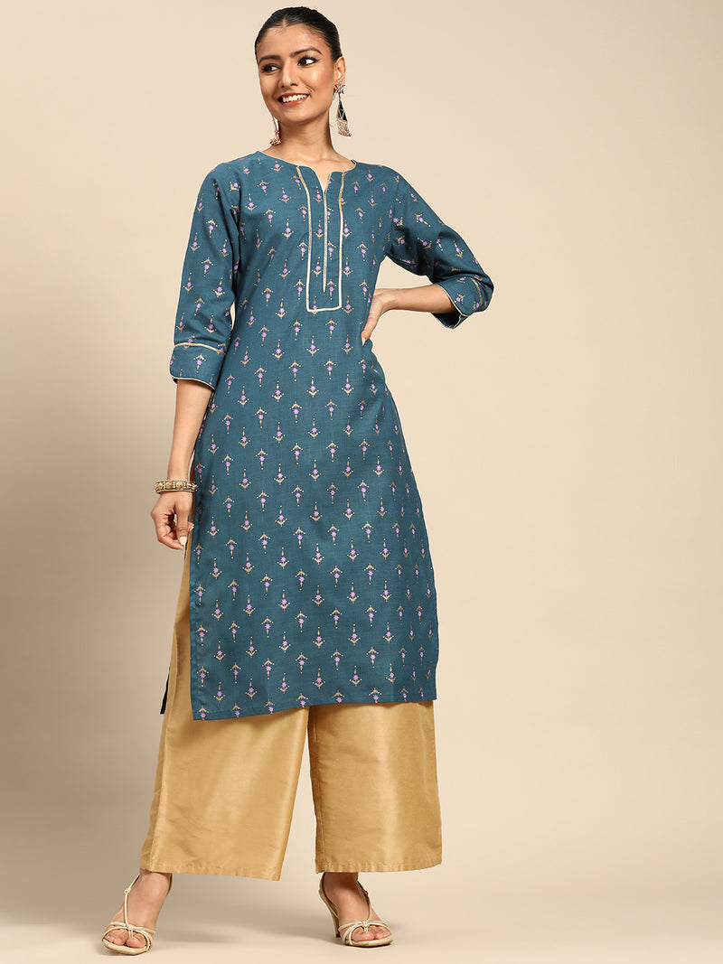 Blue Printed Silk Kurta