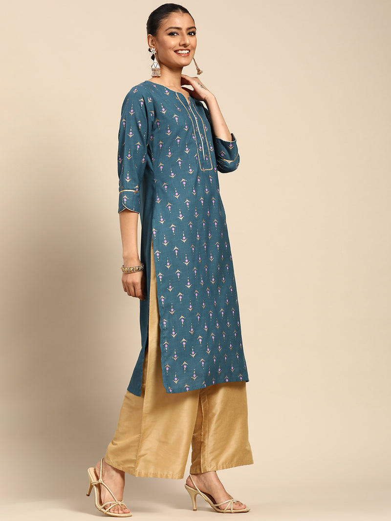 Blue Printed Silk Kurta
