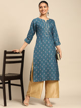 Blue Printed Silk Kurta