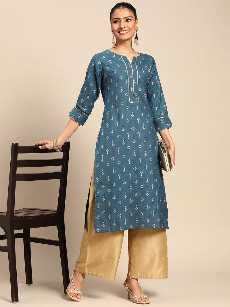 Blue Printed Silk Kurta