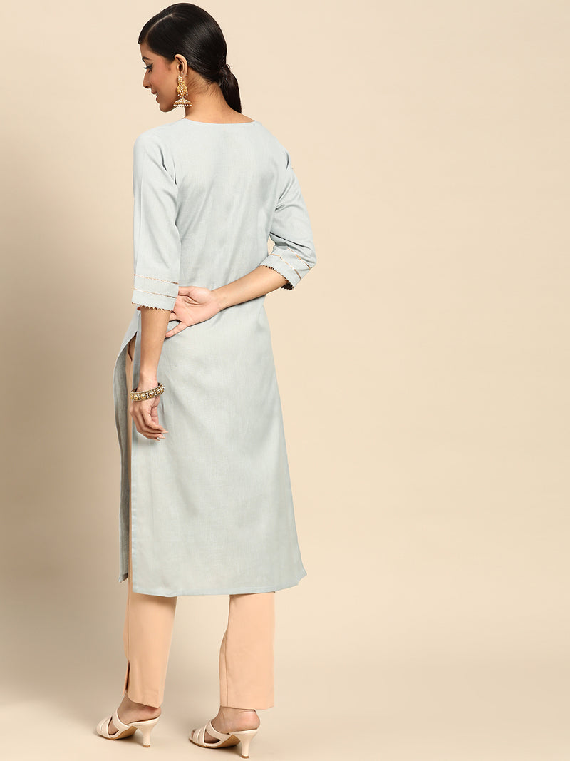 Grey Solid Silk Kurta