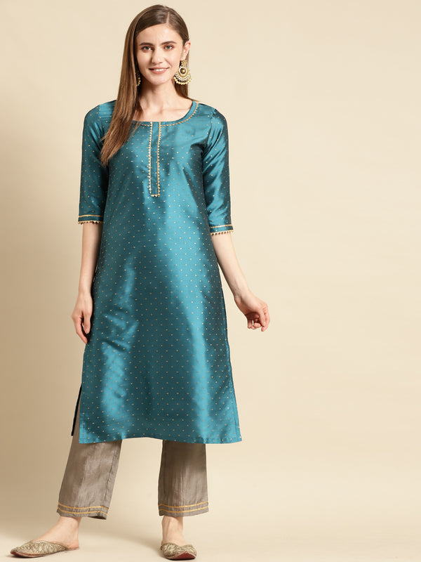 Blue Woven Design Art Silk Straight Kurta