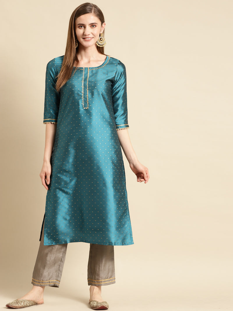 Blue Woven Design Art Silk Straight Kurta