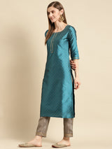 Blue Woven Design Art Silk Straight Kurta