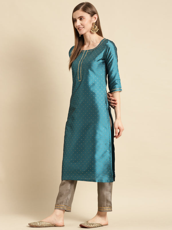 Blue Woven Design Art Silk Straight Kurta