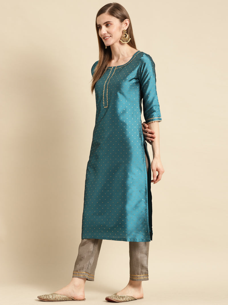 Blue Woven Design Art Silk Straight Kurta