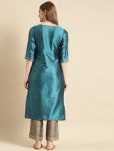 Blue Woven Design Art Silk Straight Kurta