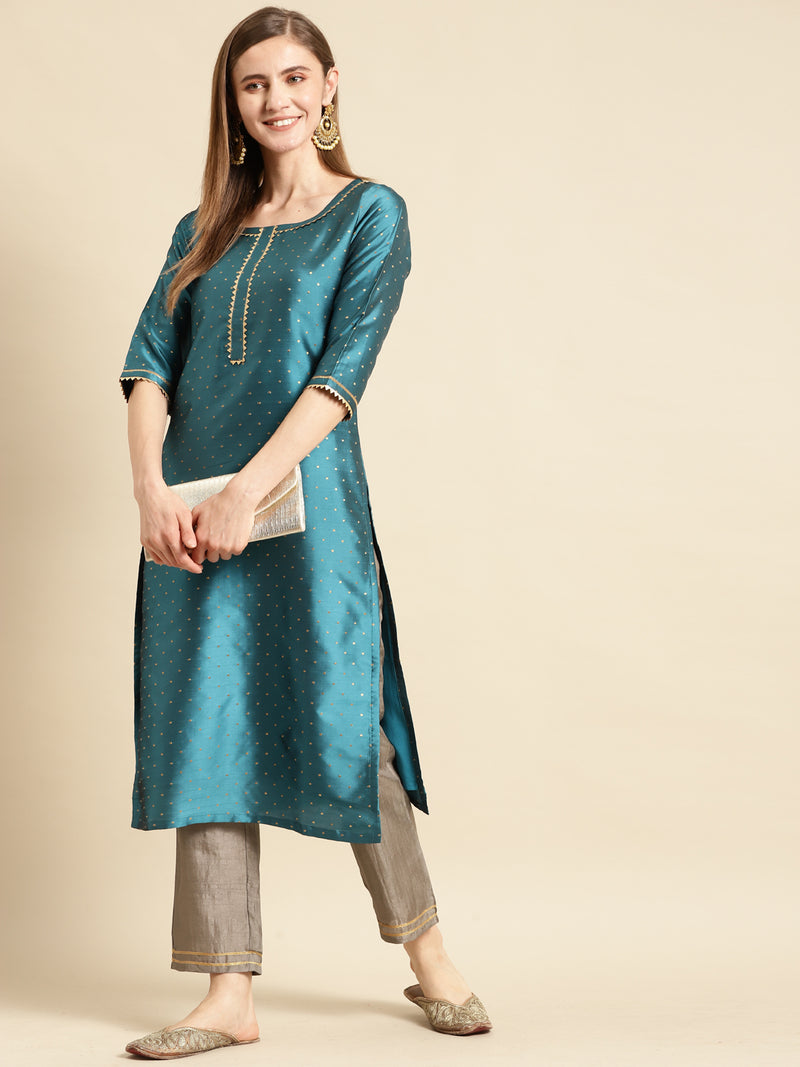 Blue Woven Design Art Silk Straight Kurta