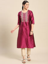 Purple Yoke Design Silk Straight Kurta